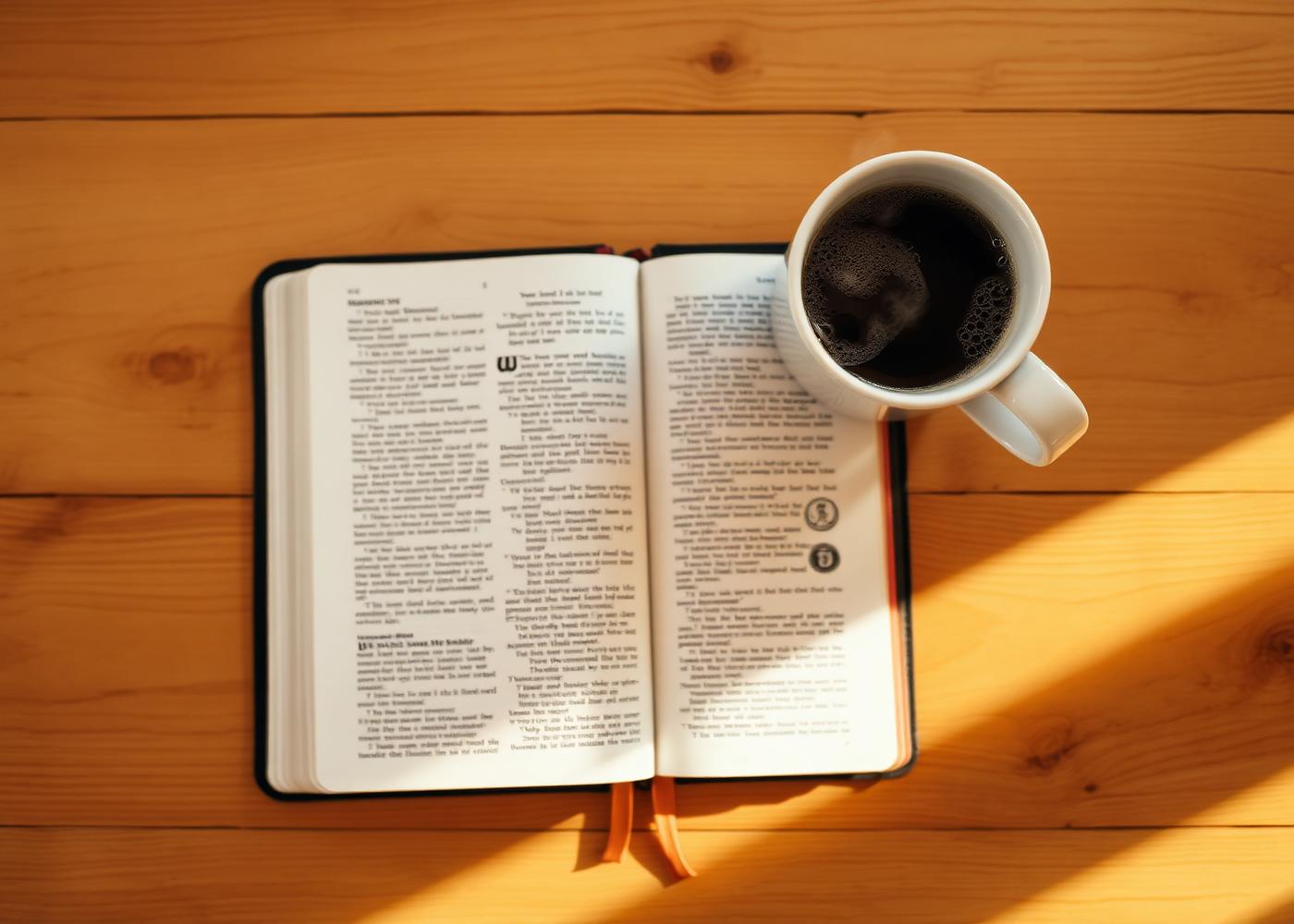 An open Bible and a mug of coffee on a wooden table