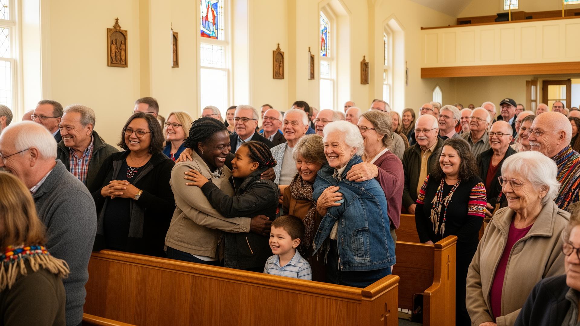 Members of Bruderheim Community Church laughing together after a Sunday service