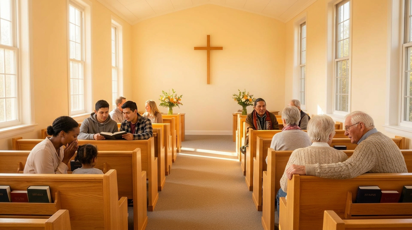 Warm sunlight streaming through the sanctuary windows at Bruderheim Community Church
