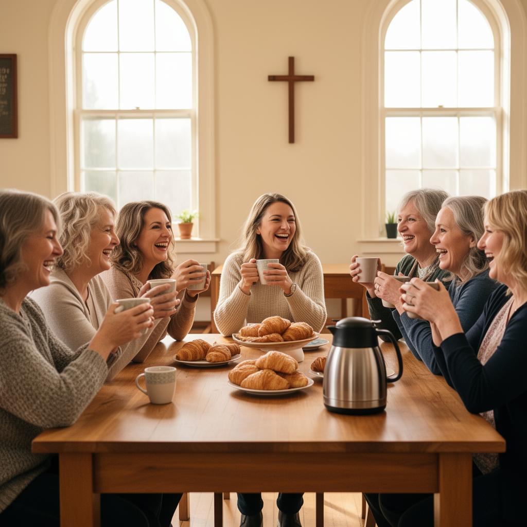 Women laughing together over coffee and pastries at Ladies' Coffee Time
