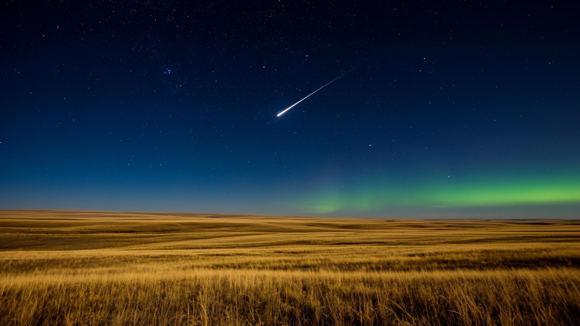 A meteor streaks across the night sky over the Alberta prairie near Bruderheim