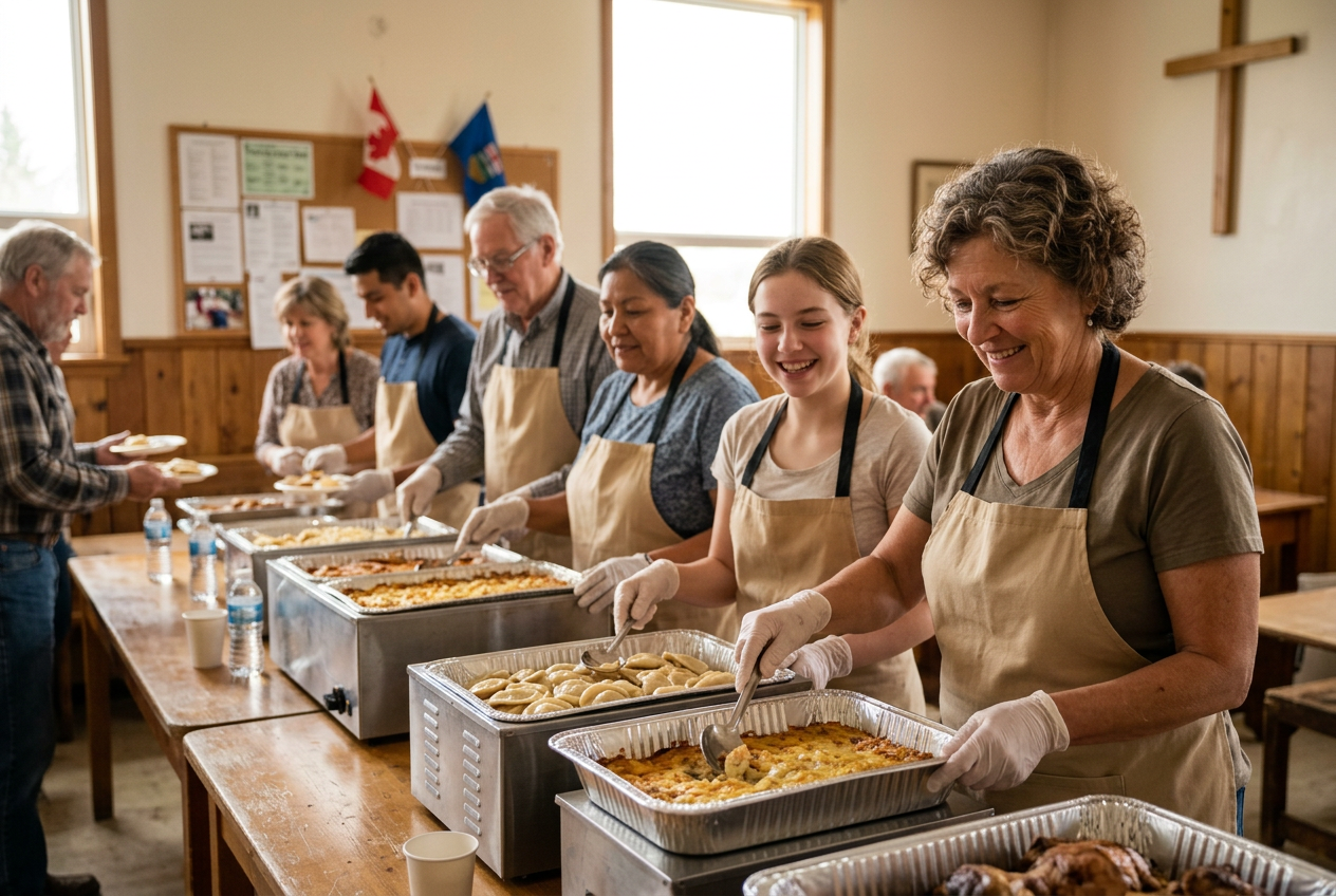 Hands serving food at a Bruderheim Community Church potluck lunch